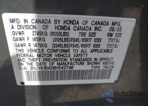 2006 Honda Ridgeline Rts z USA, uszkodzony, nr VIN 2HJYK16426H542746